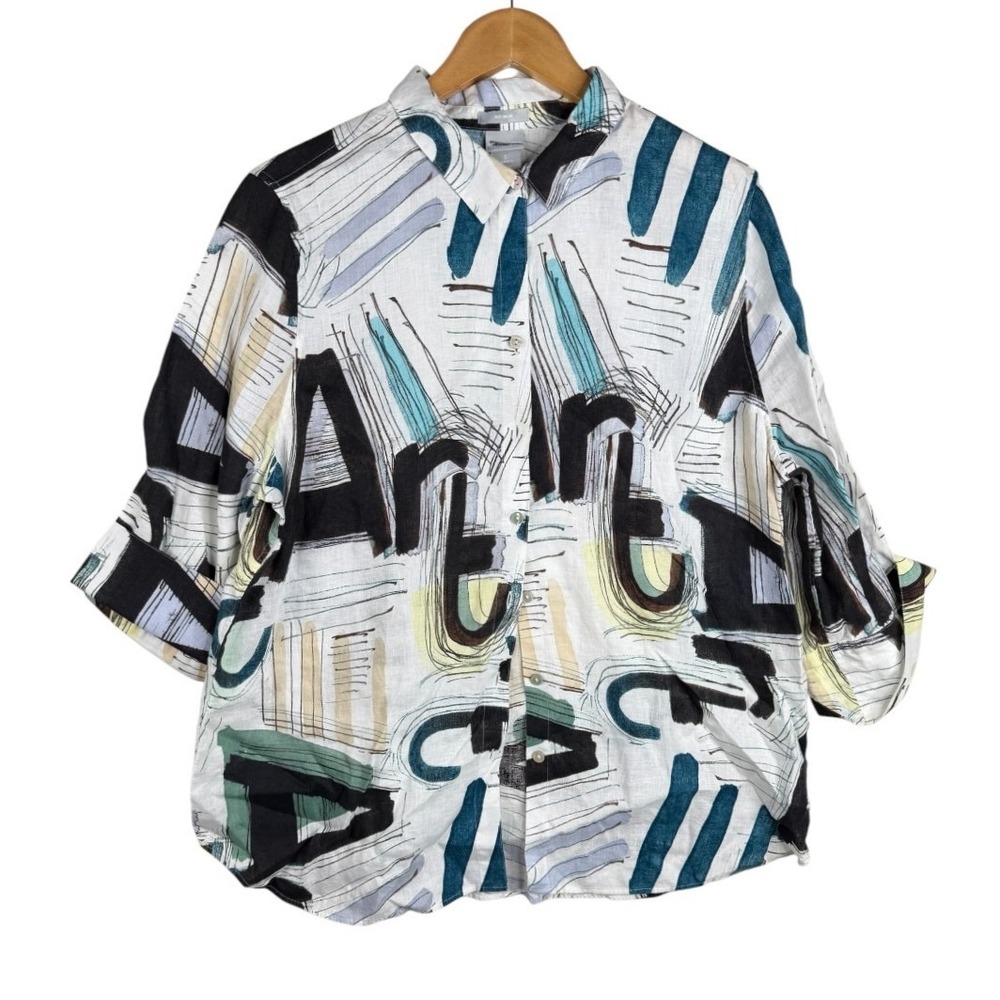 Chico's Non Iron Abstract Art to Wear Button Down Linen Shirt size 3 (US 16)